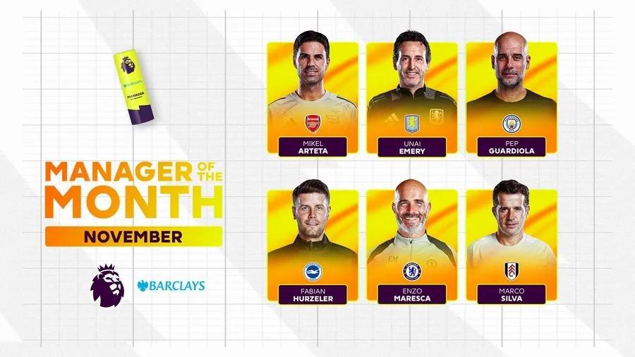 英超11月最佳主帅候选:马雷斯卡、瓜帅、塔帅、埃梅里在列