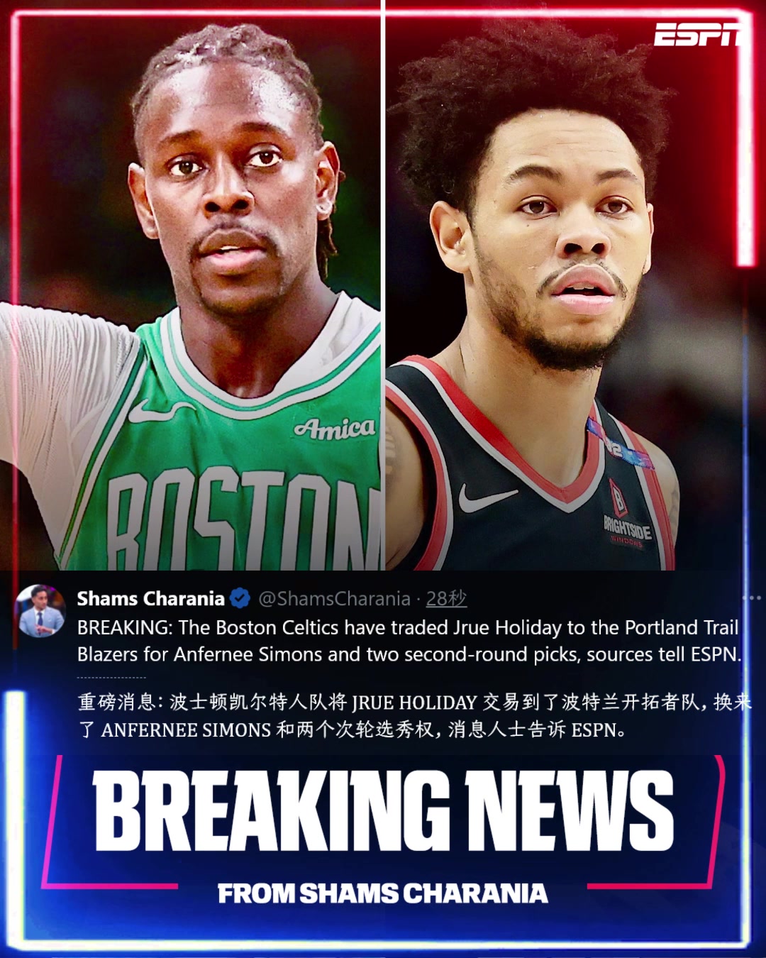 谁赚了Shams绿军送出霍勒迪换来A-西蒙斯两次轮