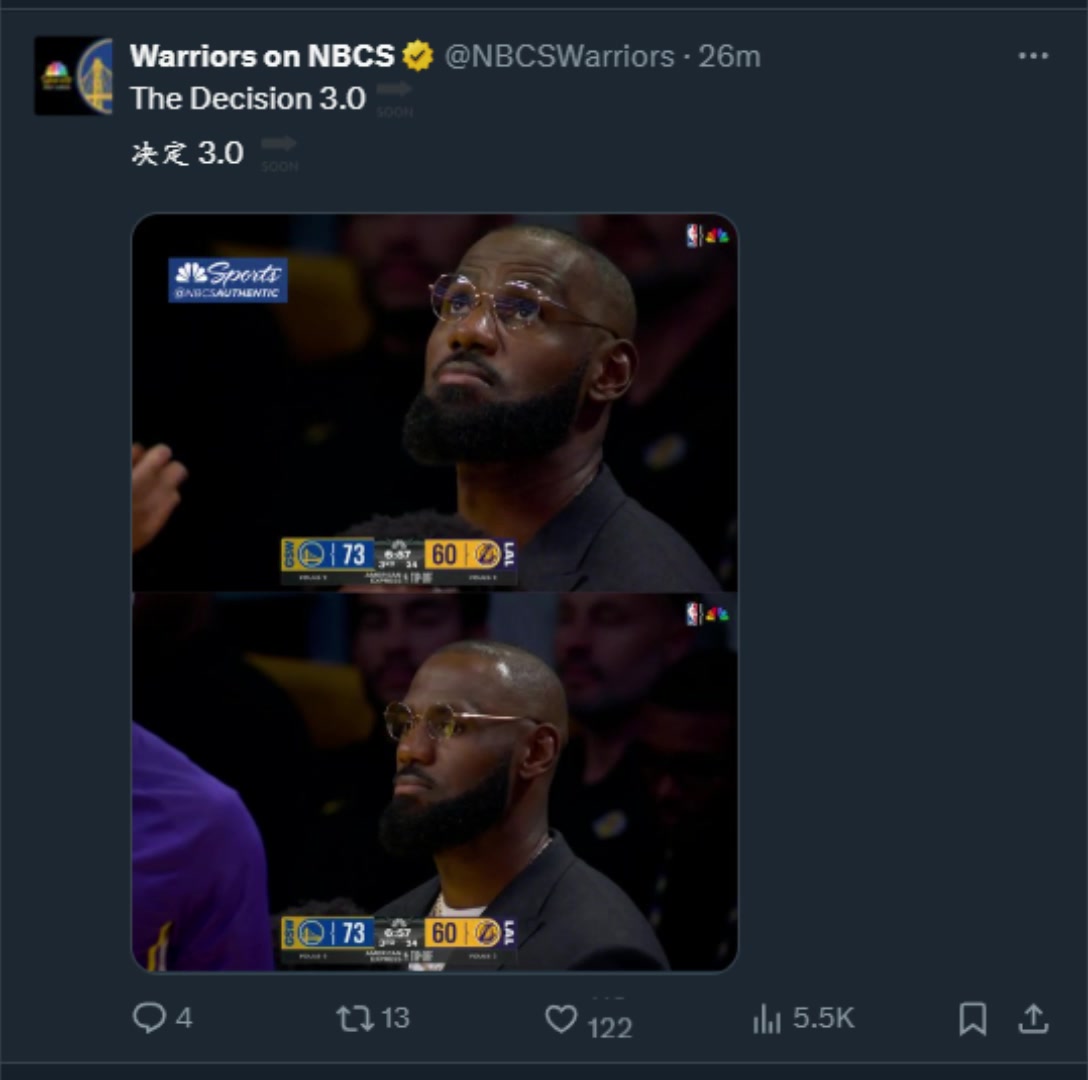 真会来事啊湖人大比分落后勇士NBC官推晒詹姆斯照片调侃决定3.0