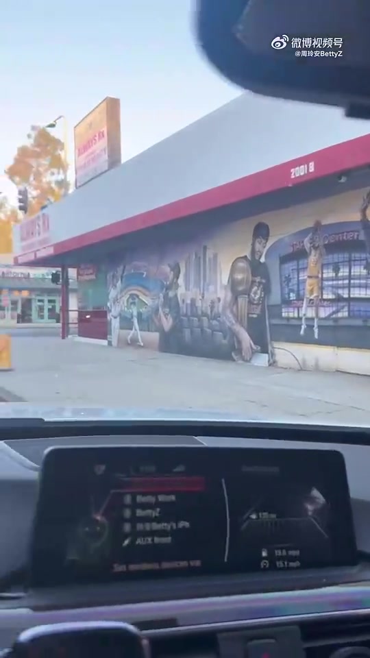 周玲安在洛杉矶开车 突然看到詹姆斯科比浓眉的涂鸦墙