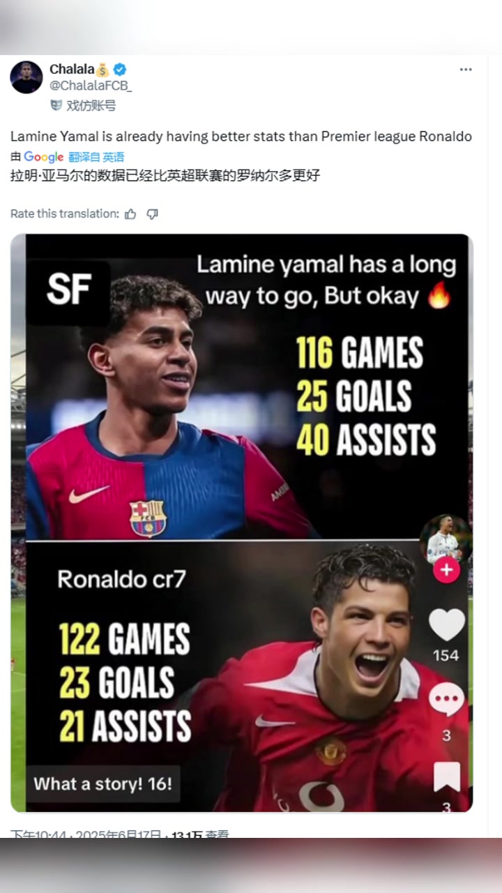 C罗粉丝回击亚马尔在英超开始他的职业生涯他将无法生存