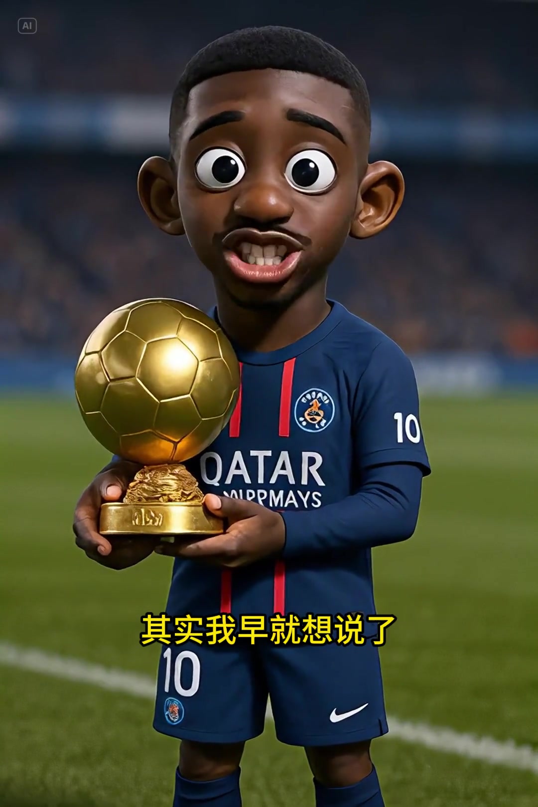 Q版登贝莱挑逗姆巴佩你羡慕吗这金球奖抱着手里还挺沉的
